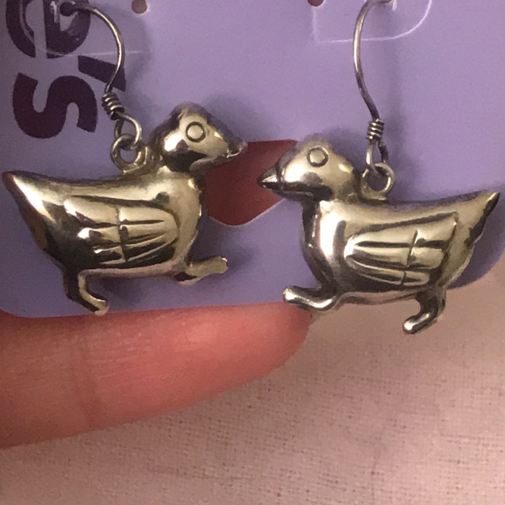 Sterling silver puffy  Duck 🦆 dangle drop earrings